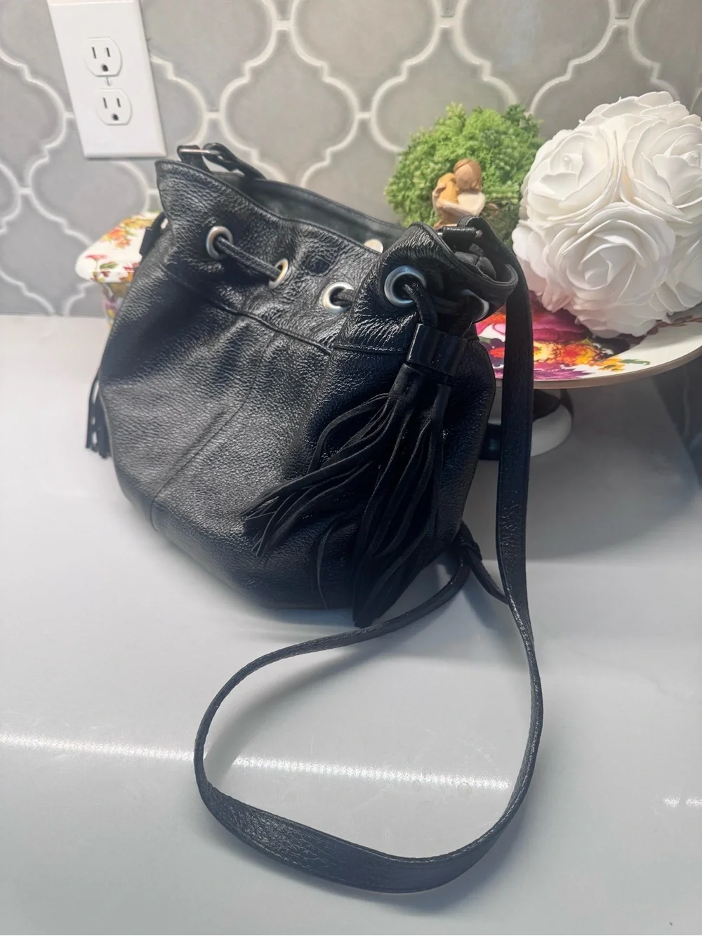 American Eagle Boho Black Leather Fringe Crossbody Bag